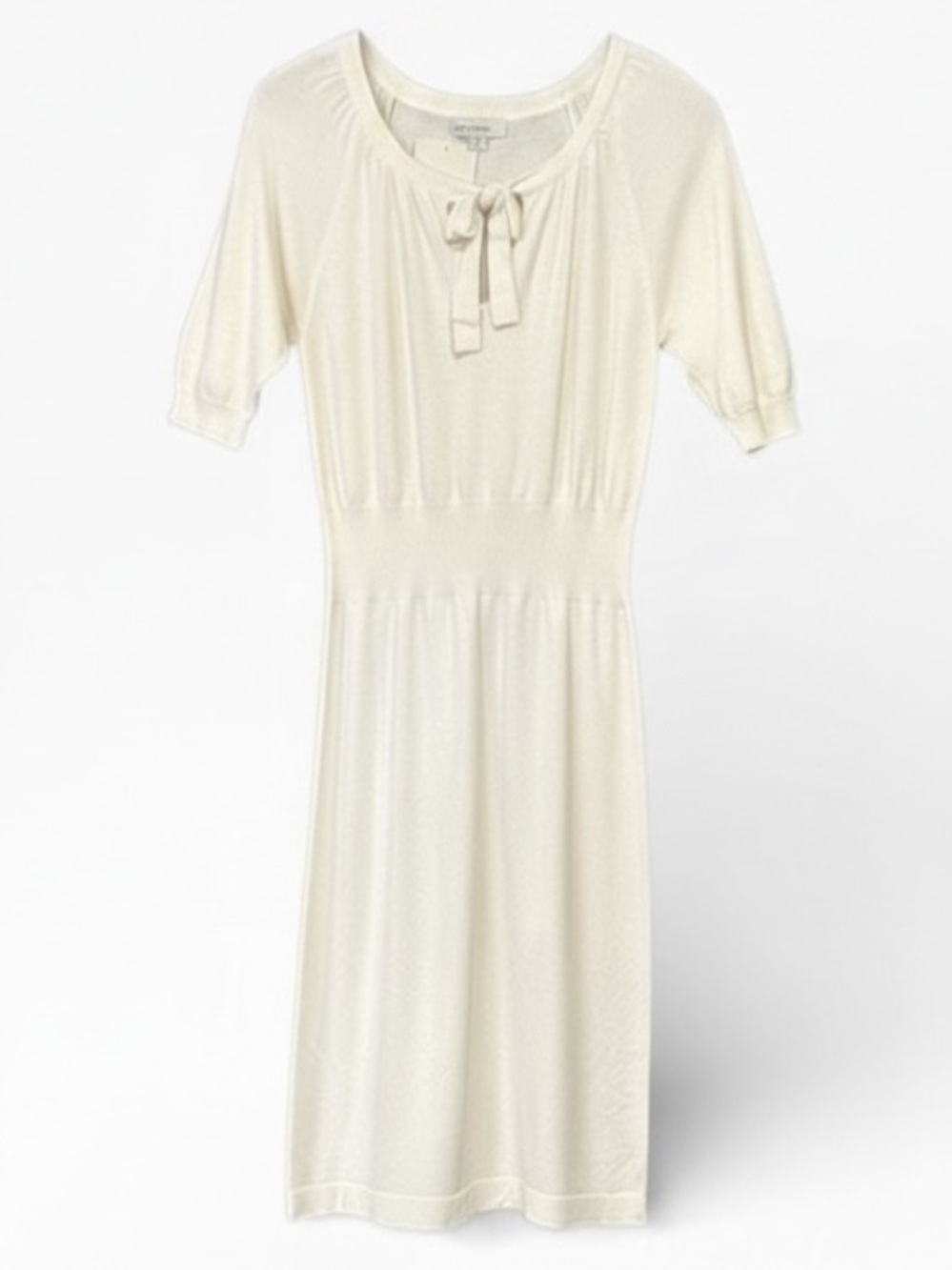 Merona Ivory Knit Short Sleeve Midi Dress Ribbed Waist Bow Detail Size Large NWT